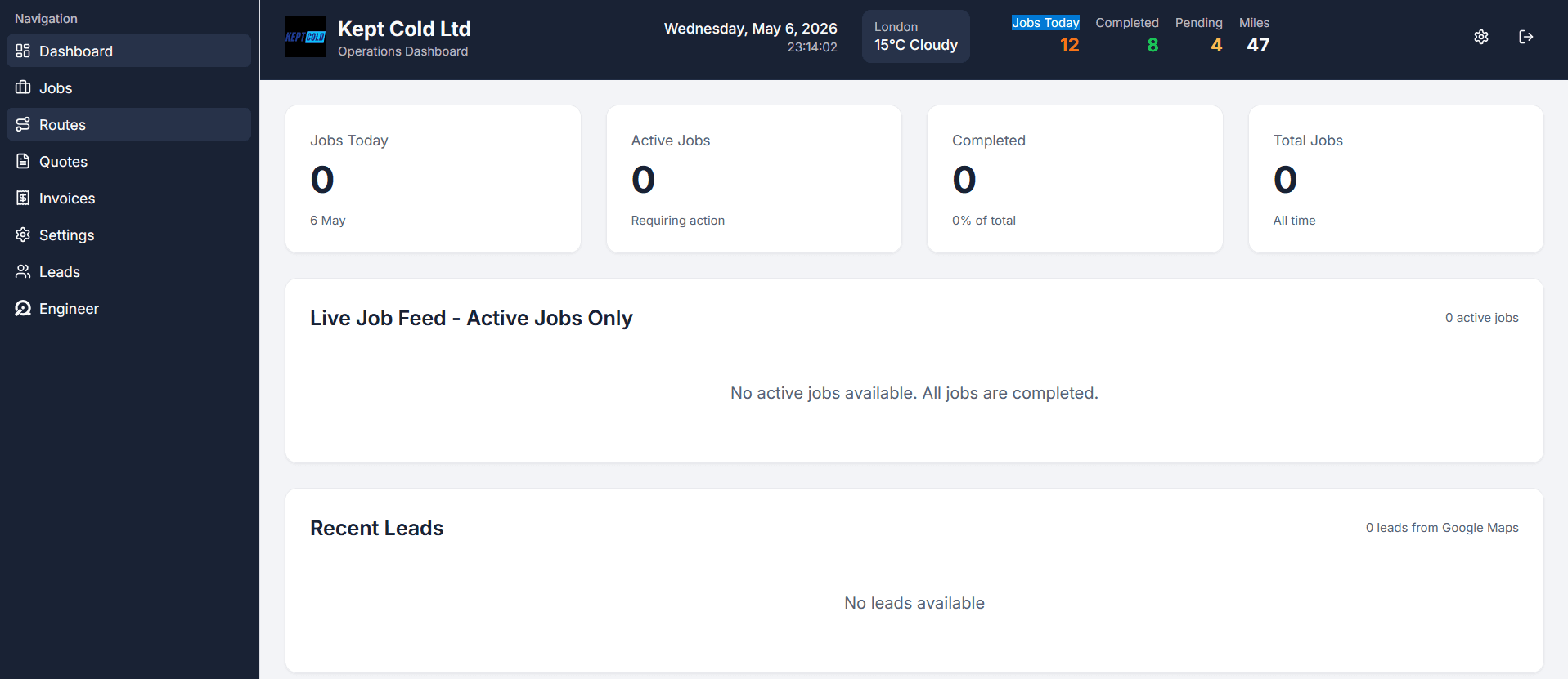 Kept Cold operations dashboard