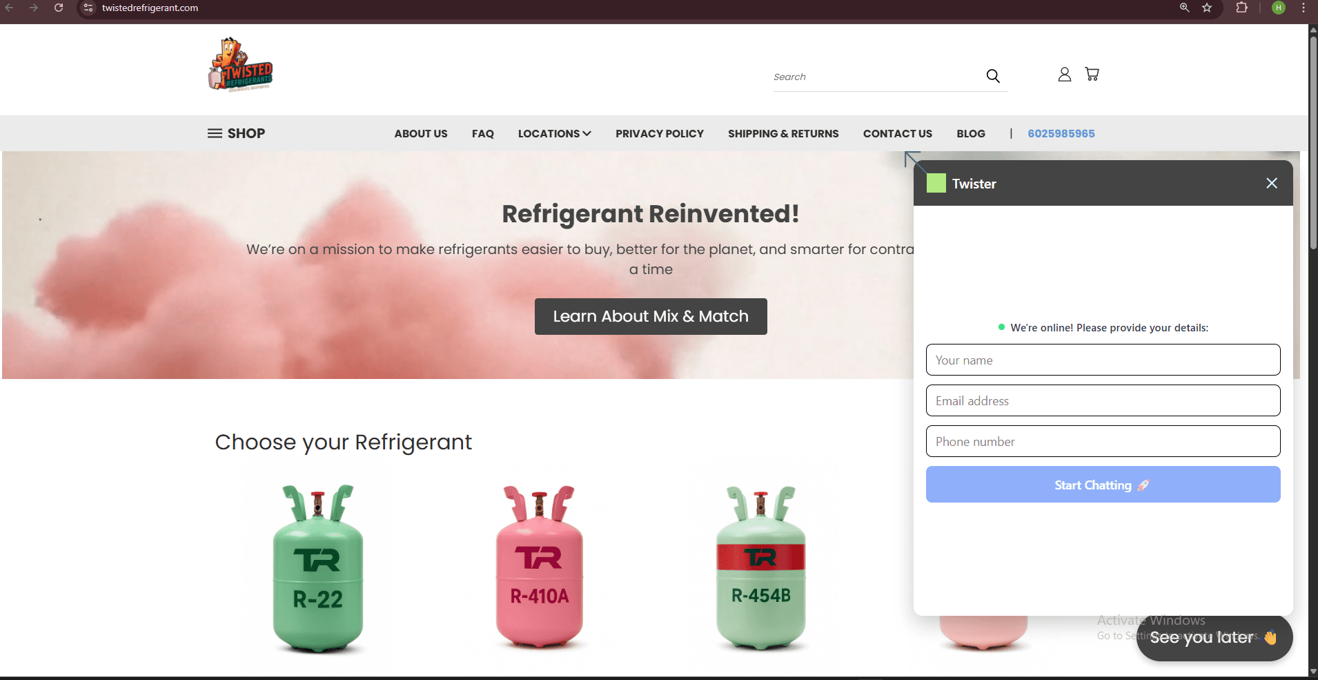 Twisted Refrigerant HVAC e-commerce store with an AI chat booking agent.